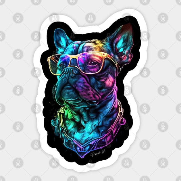 Colorful English Bulldog whit Glasses Neon Colors 90s Sticker by Farbrausch Art